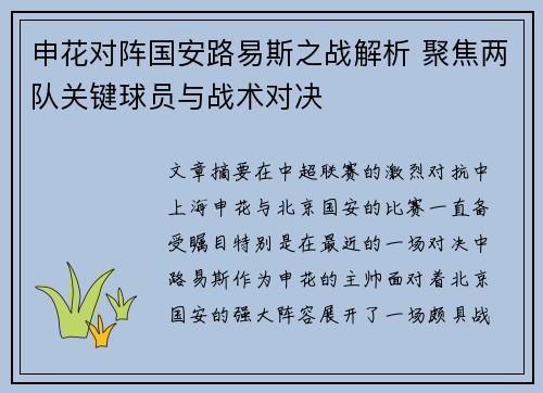 申花对阵国安路易斯之战解析 聚焦两队关键球员与战术对决